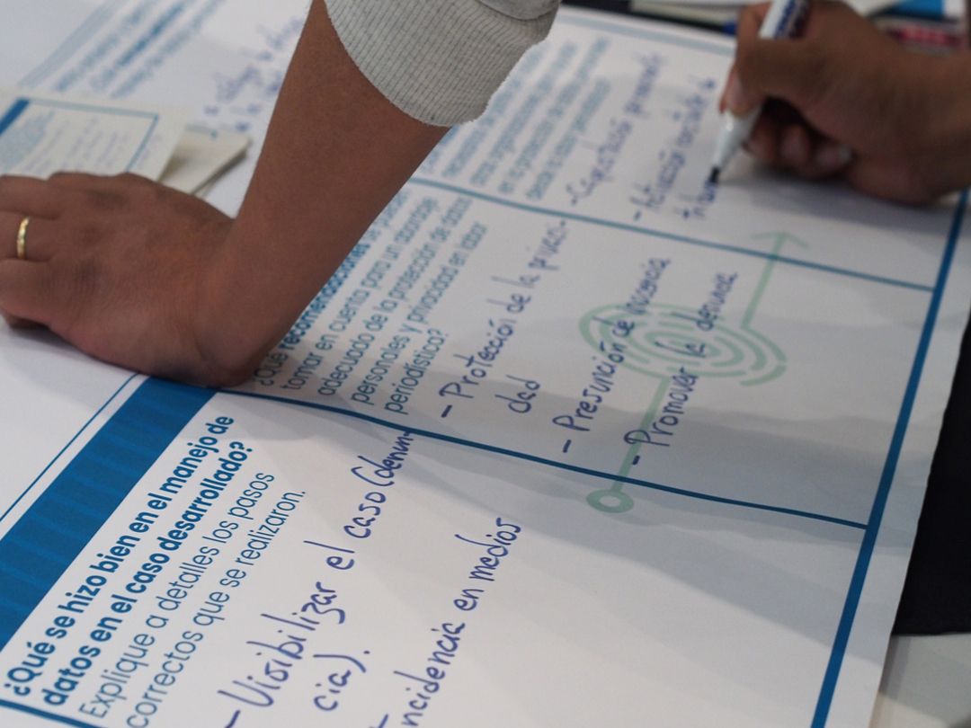 Photo by Fundación Internet Bolivia taken during the workshop with
journalist to build a guide about safeguarding personal data in their
workspace