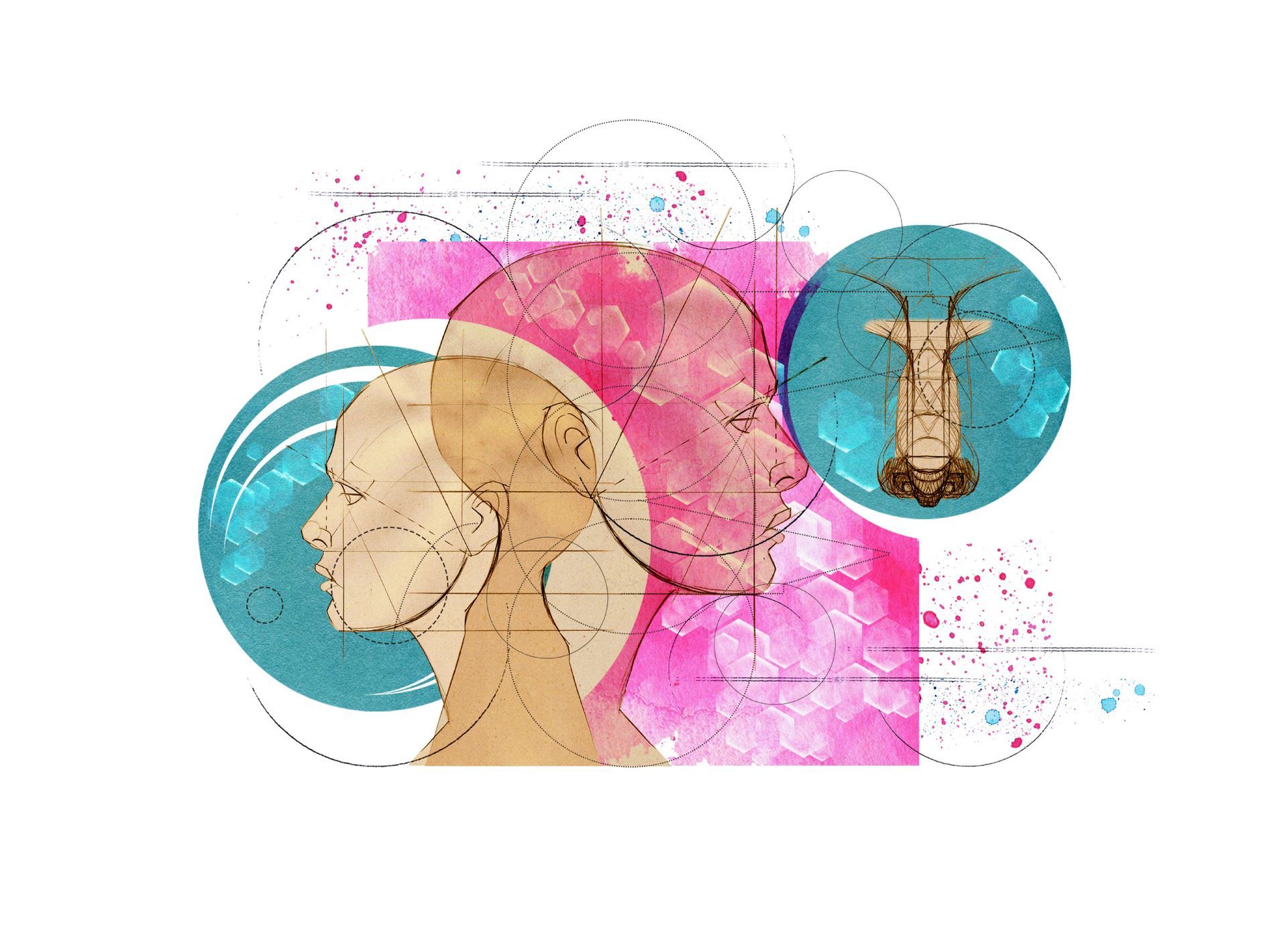 Illustration of human shapes and abstract backgrounds