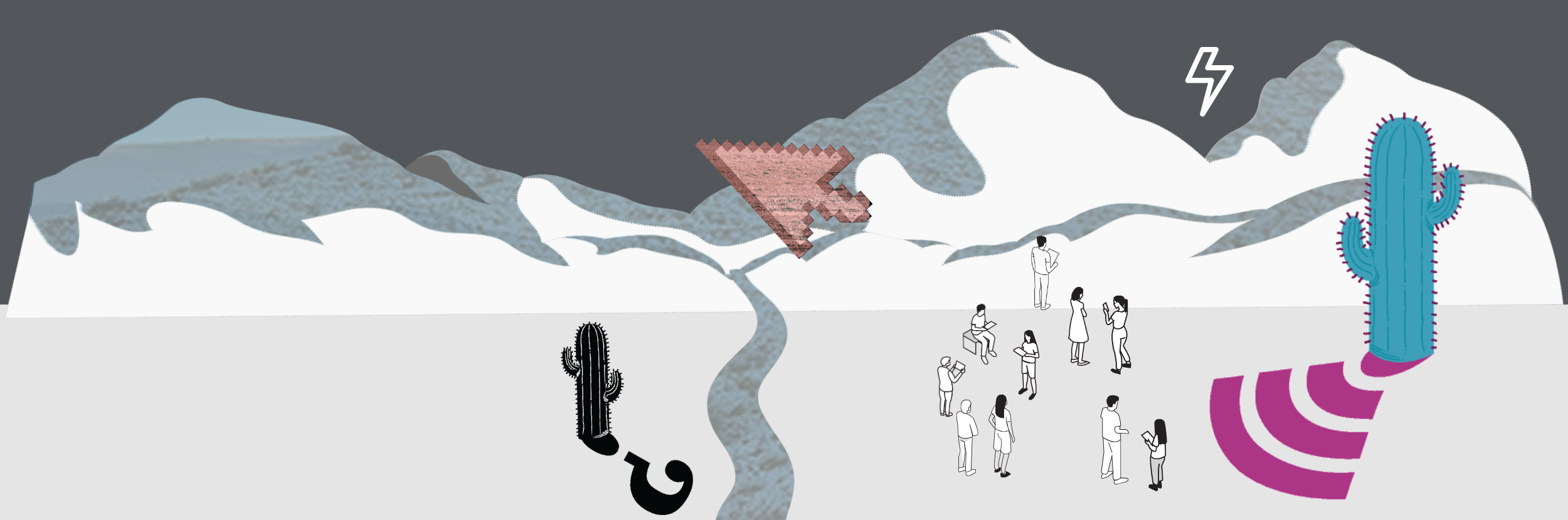 Illustration with mountains, cactus, people, and digital details like
a cursor