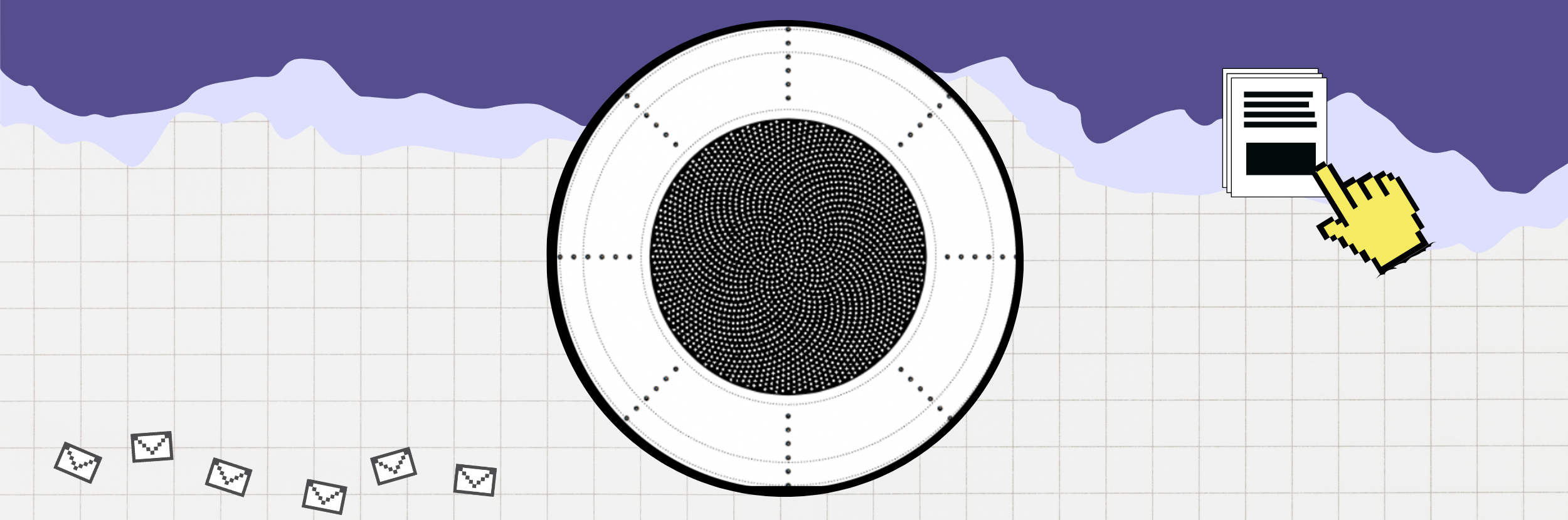 A big eye surrounded by visual elements like a cursor hand and envelopes