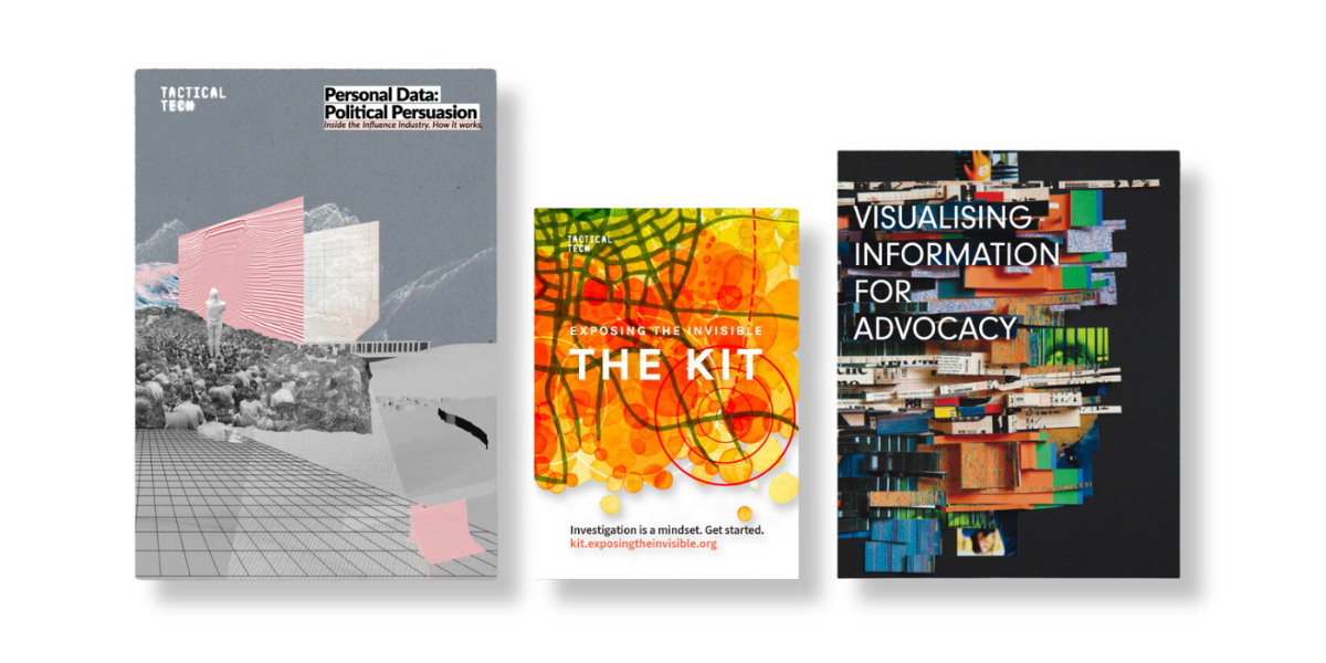 Picture of the printed version of the books: Personal Data: Political Persuasion, Exposing the Invisible- The Kit and Visualising Information for Advocacy